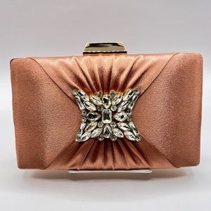 Hand clutch with emblem, chain - peach pink color